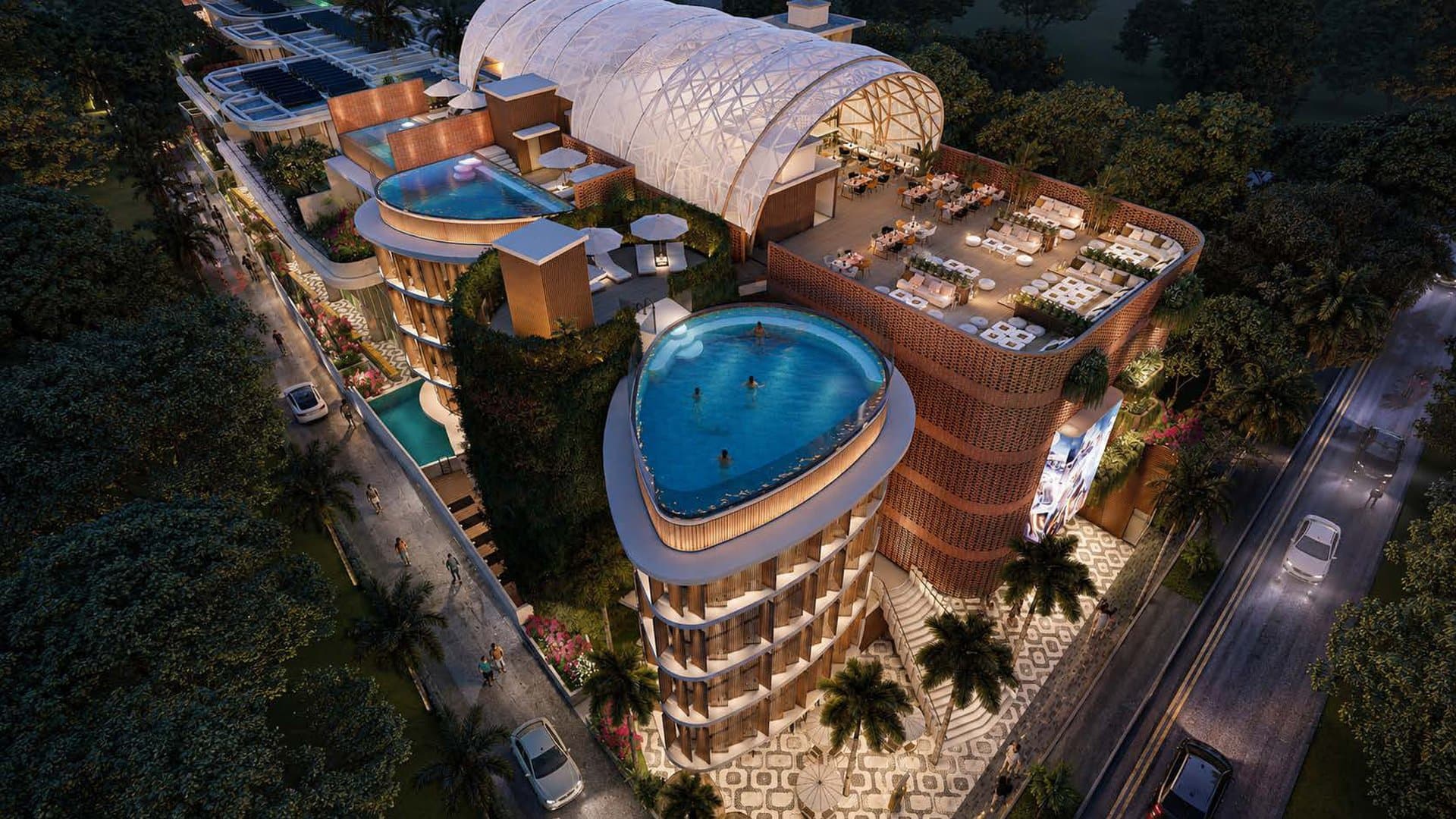 Aerial view of SLC showing rooftop pool and terraces