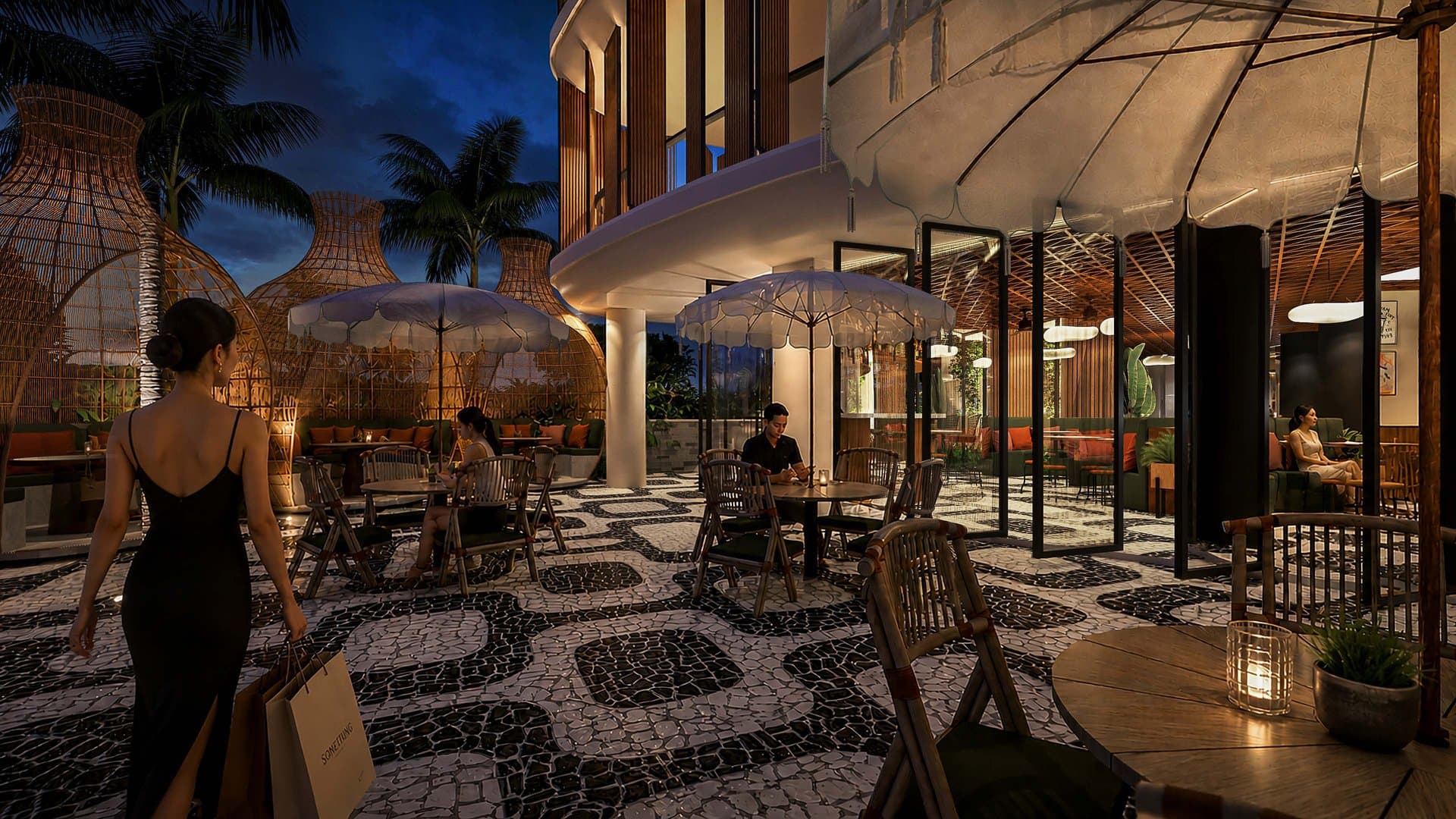 SLC courtyard terrace with shaded dining under palms