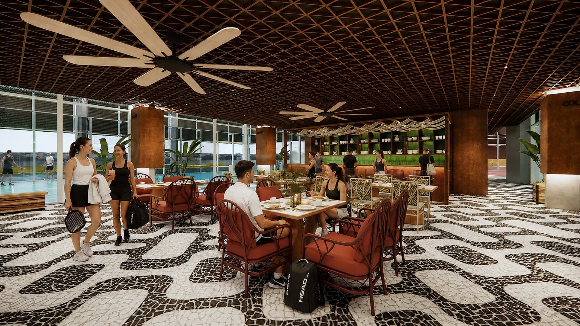 SLC restaurant with woven ceiling and long communal tables