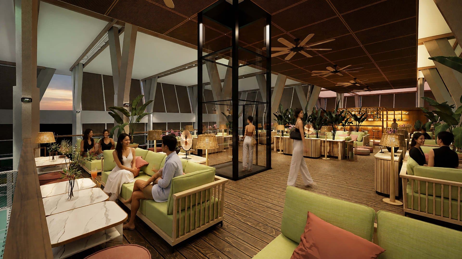 Rooftop lounge at SLC with sage seating and open-air bar