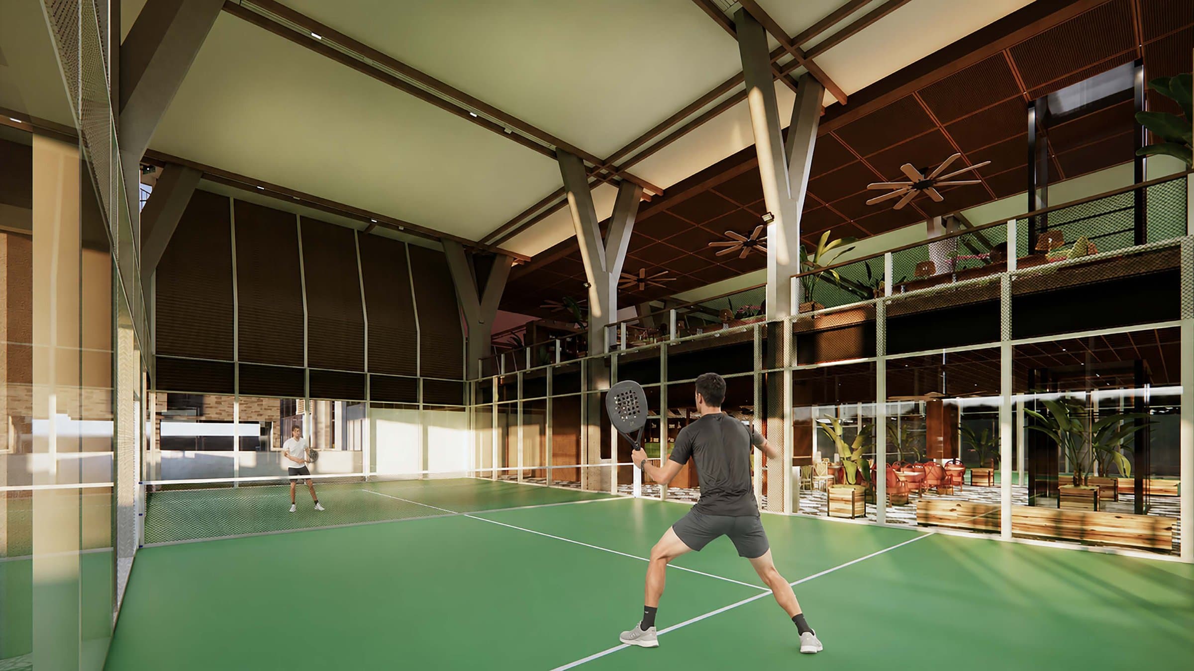 Padel court with mezzanine dining above, timber structure and lush planting