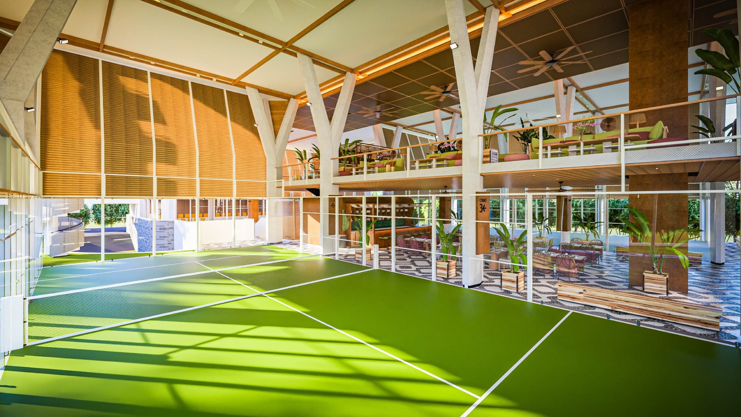Padel court with mezzanine dining above, timber structure and lush planting