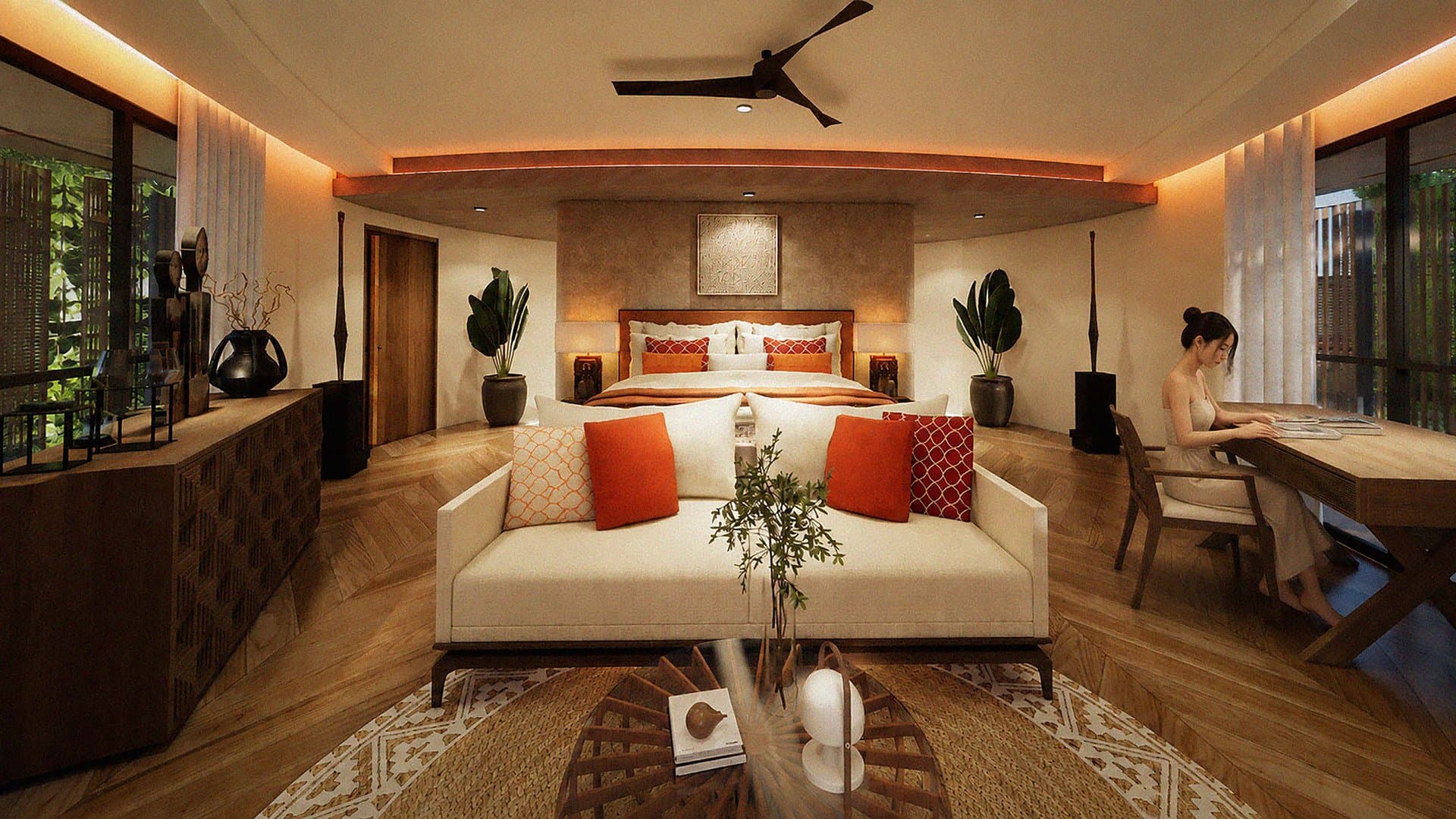 Signature suite bedroom with wraparound windows and evening light