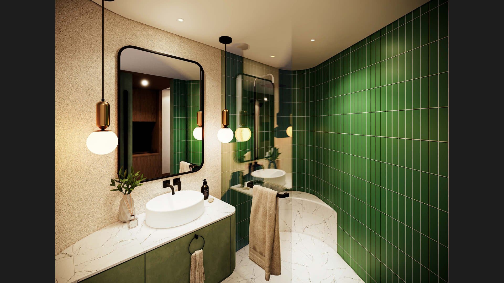 Suite bathroom detail with green-tiled walls and twin basins