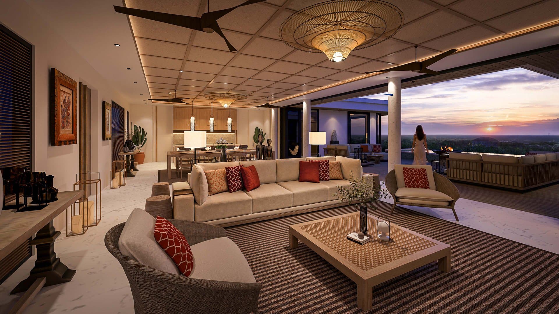 Penthouse living area opening to pool and Seminyak views