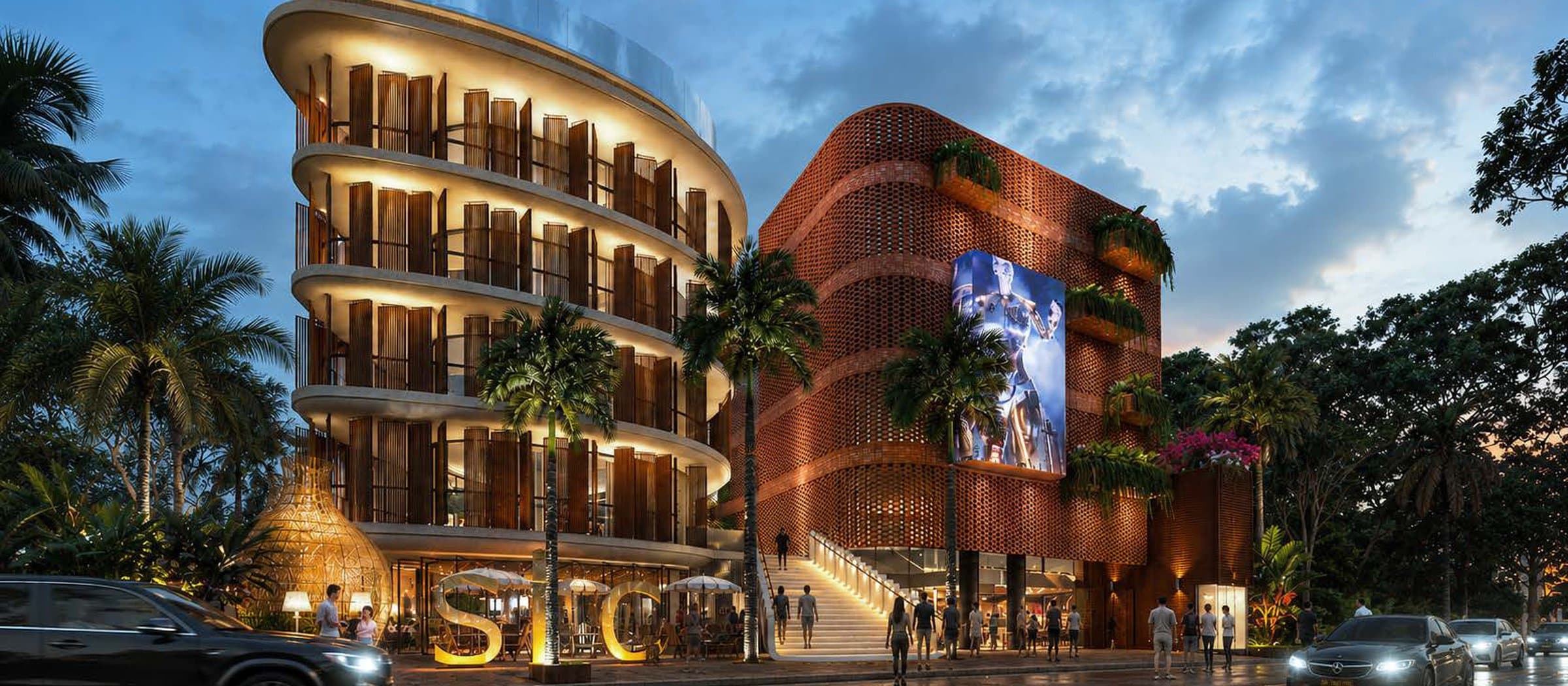 SLC Seminyak Außenansicht in der Dämmerung – zeitgenössische Lifestyle-Destination in Bali