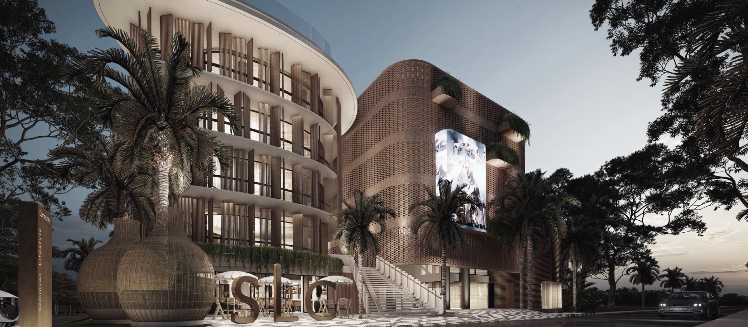 SLC Seminyak exterior at dusk — contemporary lifestyle destination in Bali