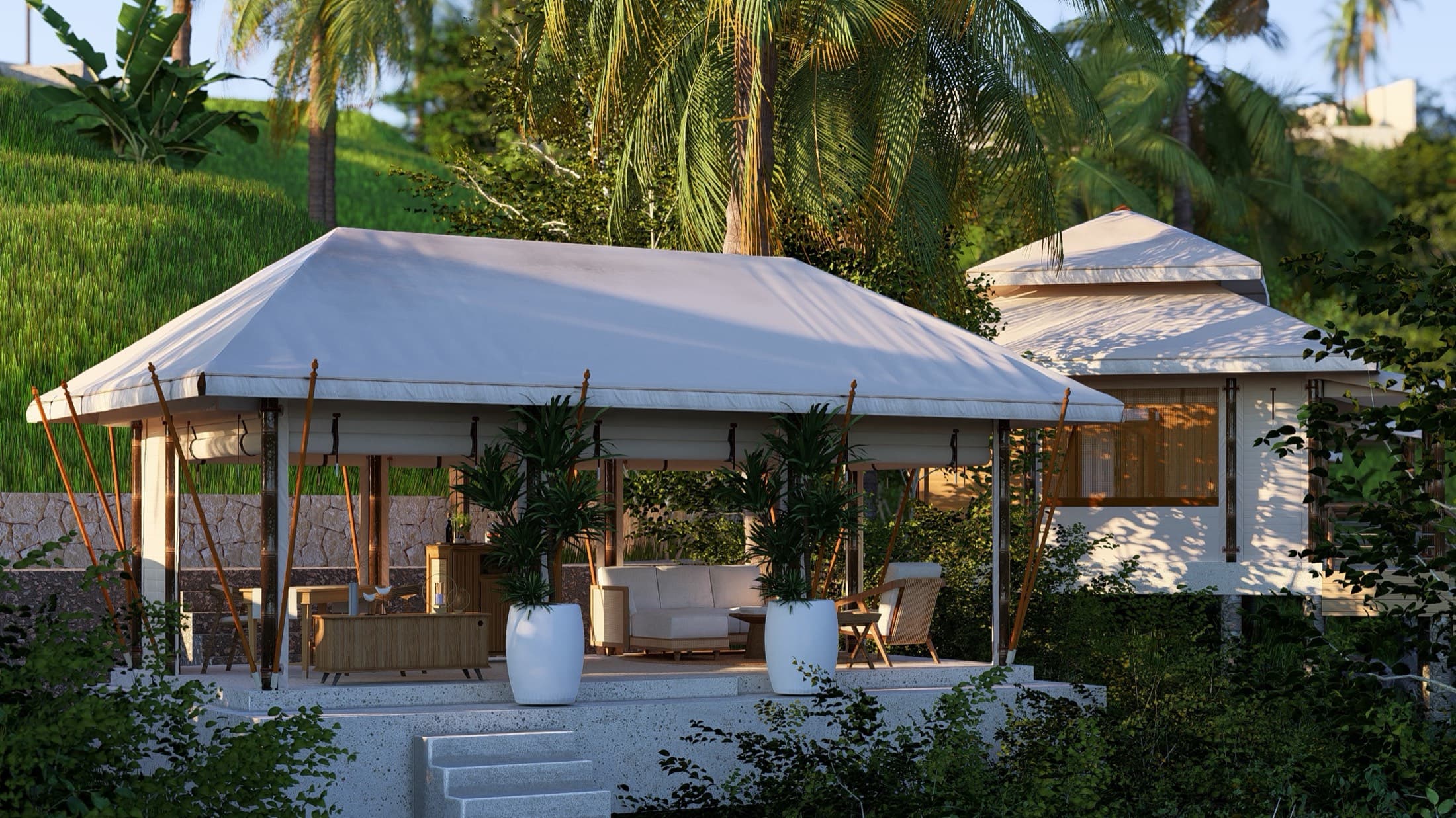 Rezeptions- und Spa-Pavillon, umgeben von Reisfeldern