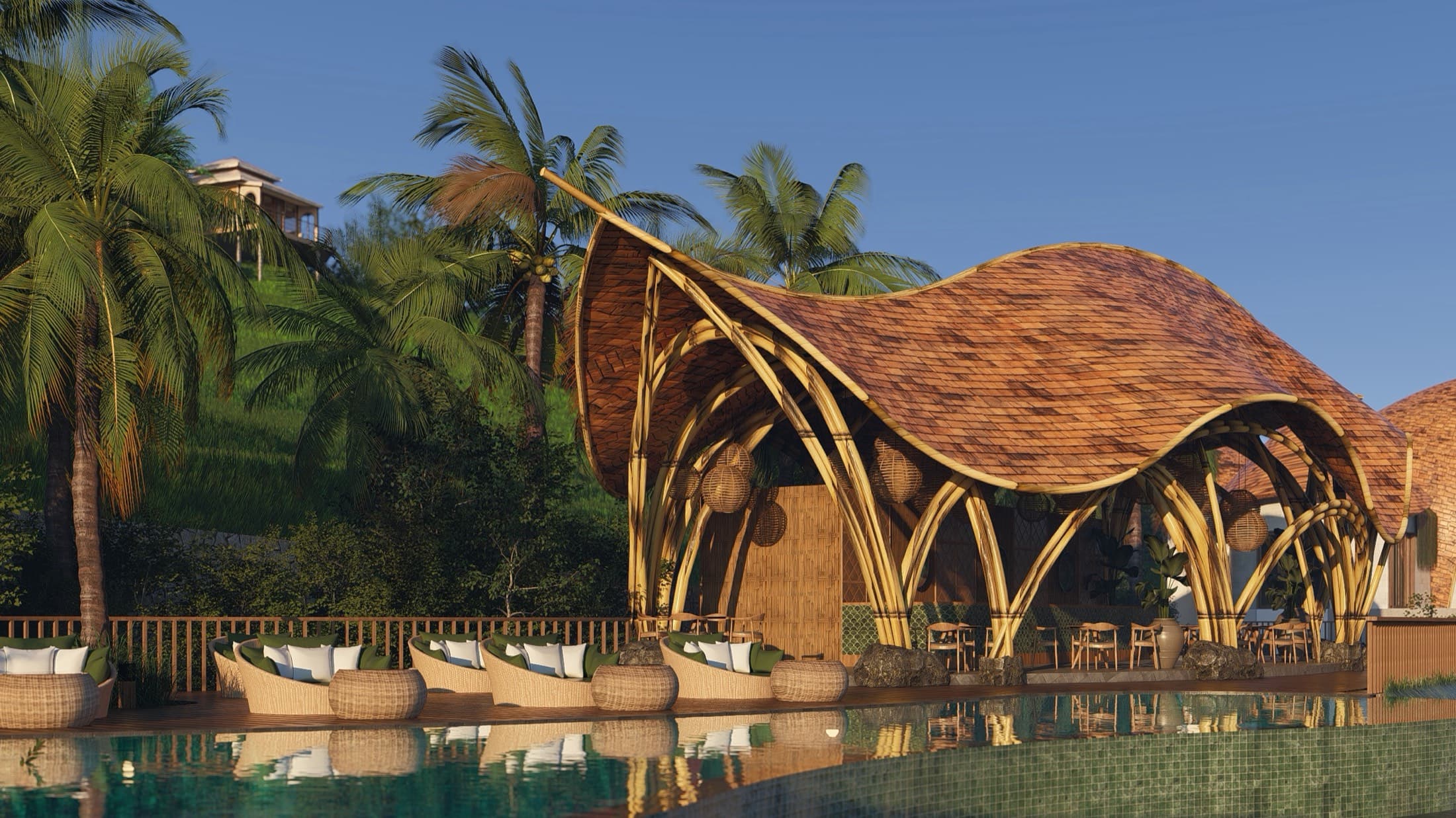 River restaurant set among tropical landscape