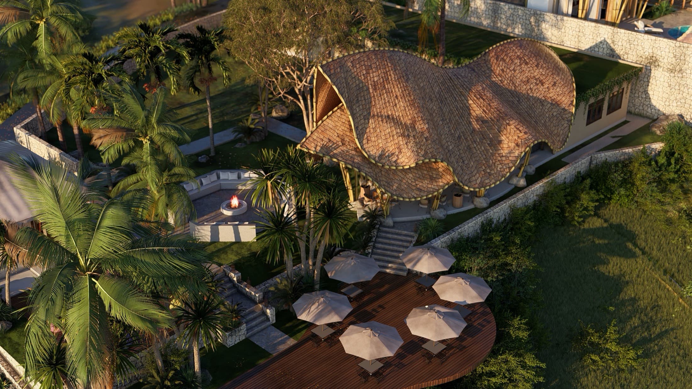 Spirit Hills Tabanan — hilltop restaurant view over rice fields and palm landscape