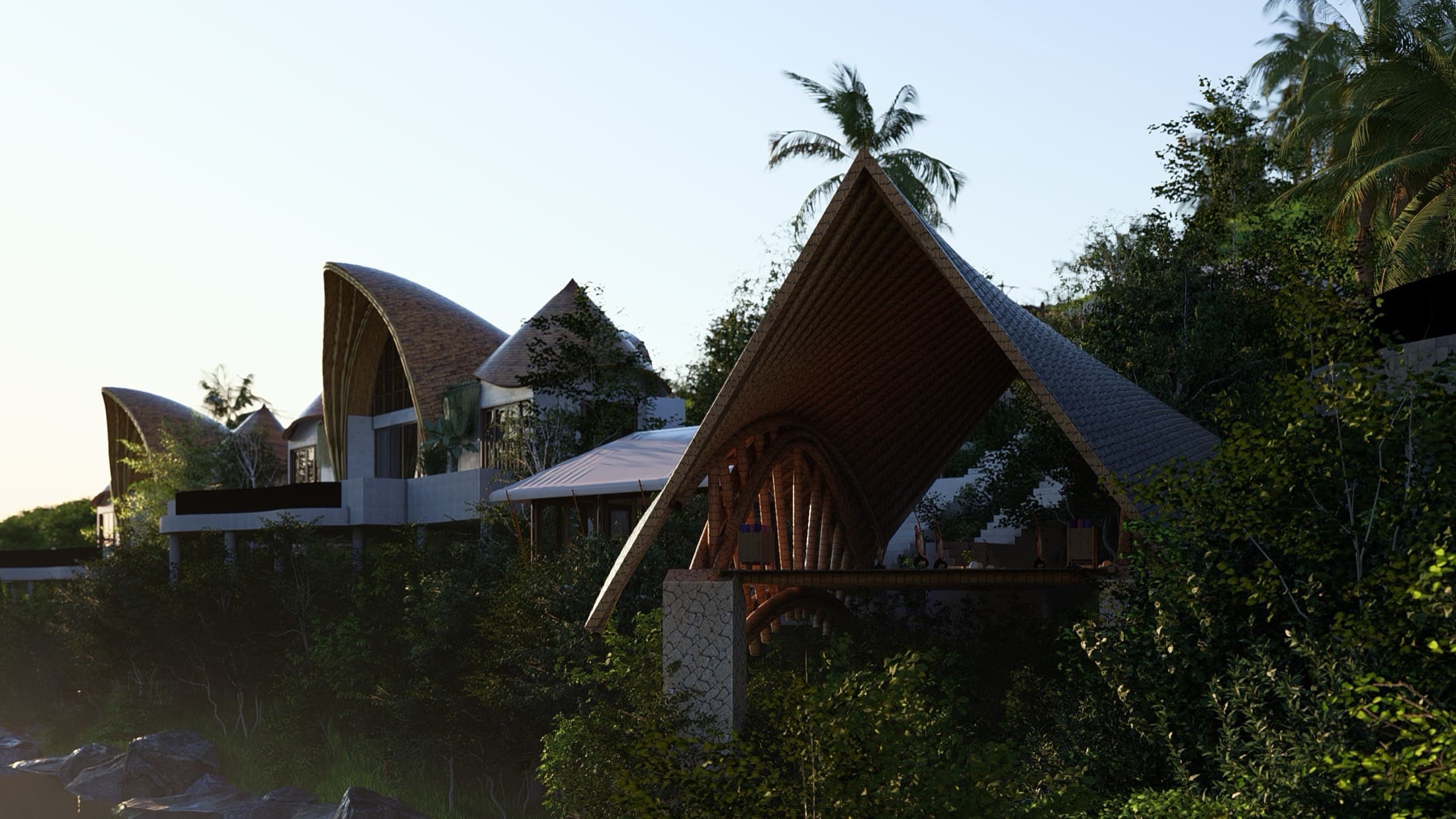 Yoga Shala mit Bambusarchitektur, eingebettet in tropische Gärten